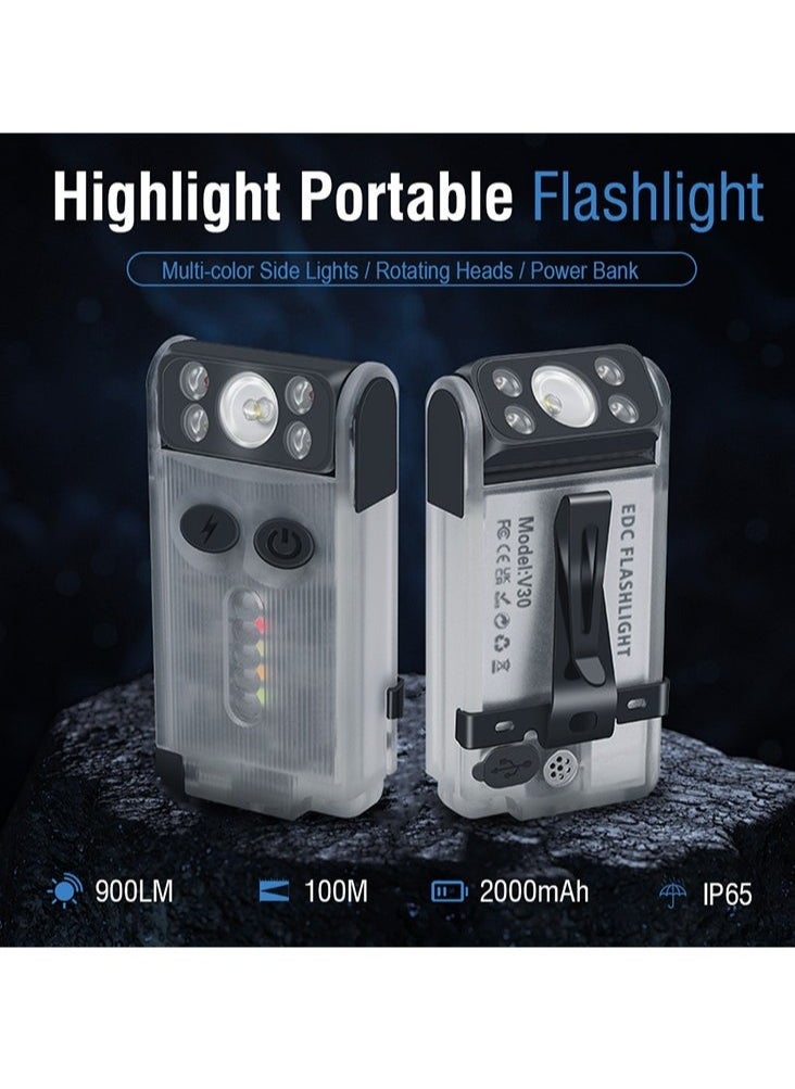 V30 LED Keychain EDC Fluorescence Flashlight Clip Warm Work Light Type-C Rechargeable Torch Magnet Camping Pocket Lantern