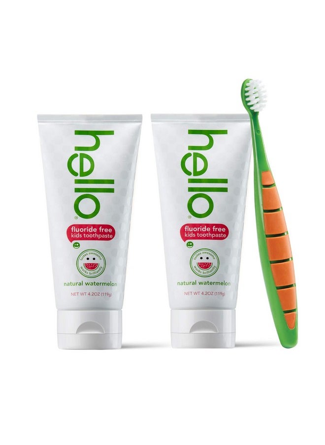 Oral Care Kids Fluoride Free And Sls Free Toothpaste Twin Pack With Bpa-Free Kids & Toddler Toothbrush, Natural Watermelon