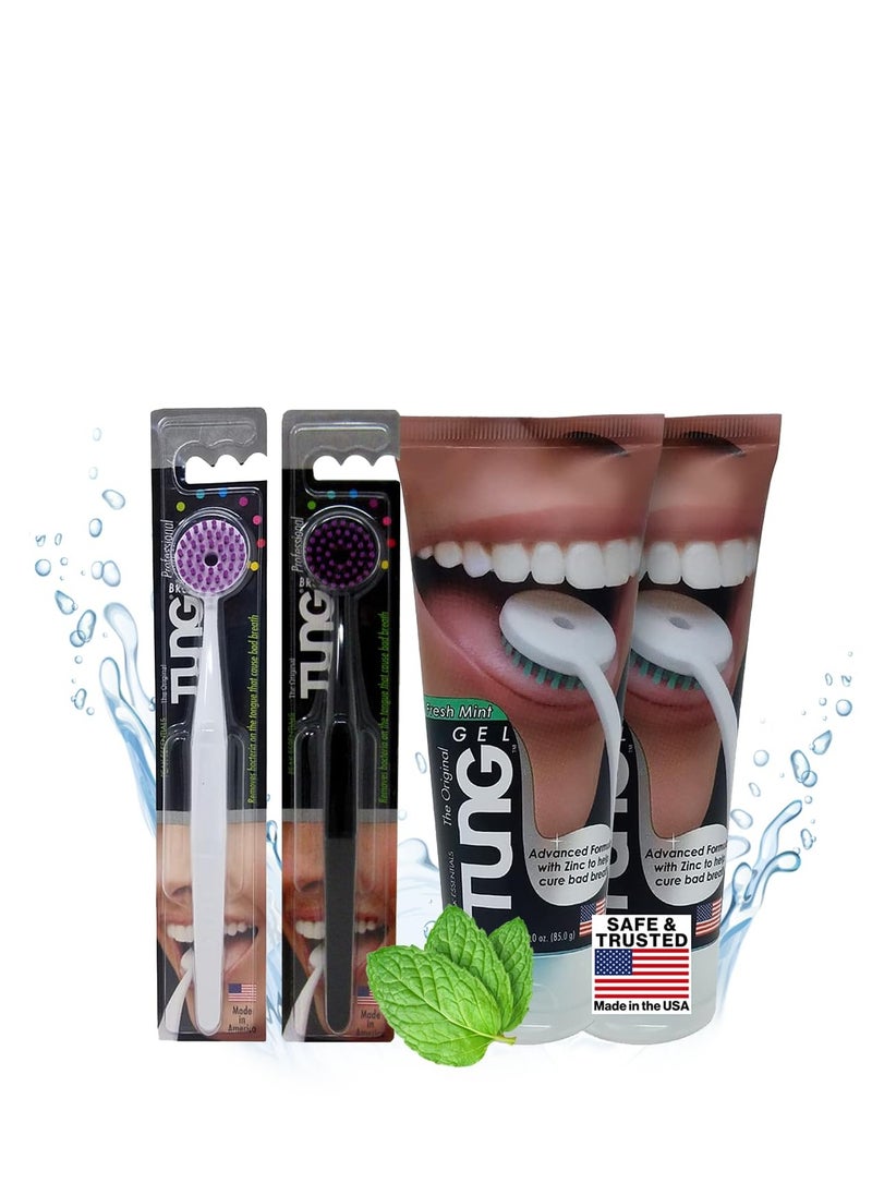 Tung Tongue Brush & Gel Kit | Tongue Cleaner for Adults | Tongue Scraper to Fight Bad Breath and Halitosis | Mouth Odor Eliminator | Fresh Mint | Made in America (Set of 2) - Black/White/Red - Color may vary