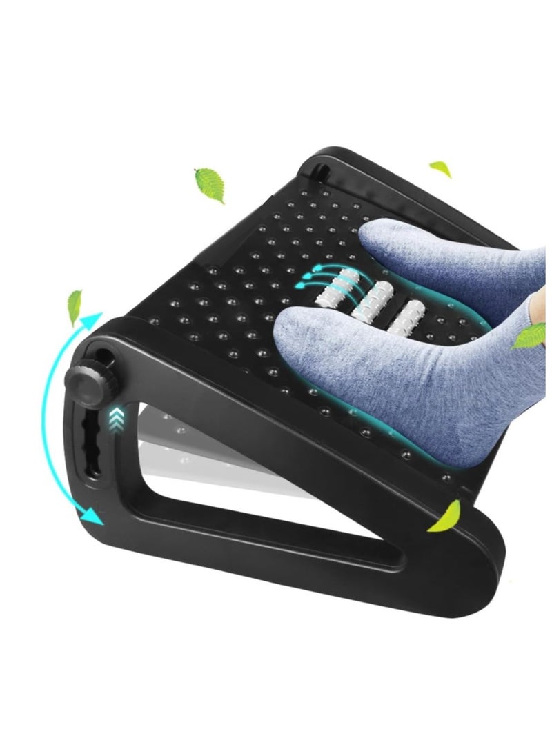 Foot Rest Under Desk at Work , Ergonomic 6-Height Adjustable footrest with Massage Rollers Black