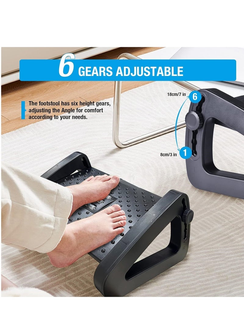 Foot Rest Under Desk at Work , Ergonomic 6-Height Adjustable footrest with Massage Rollers Black