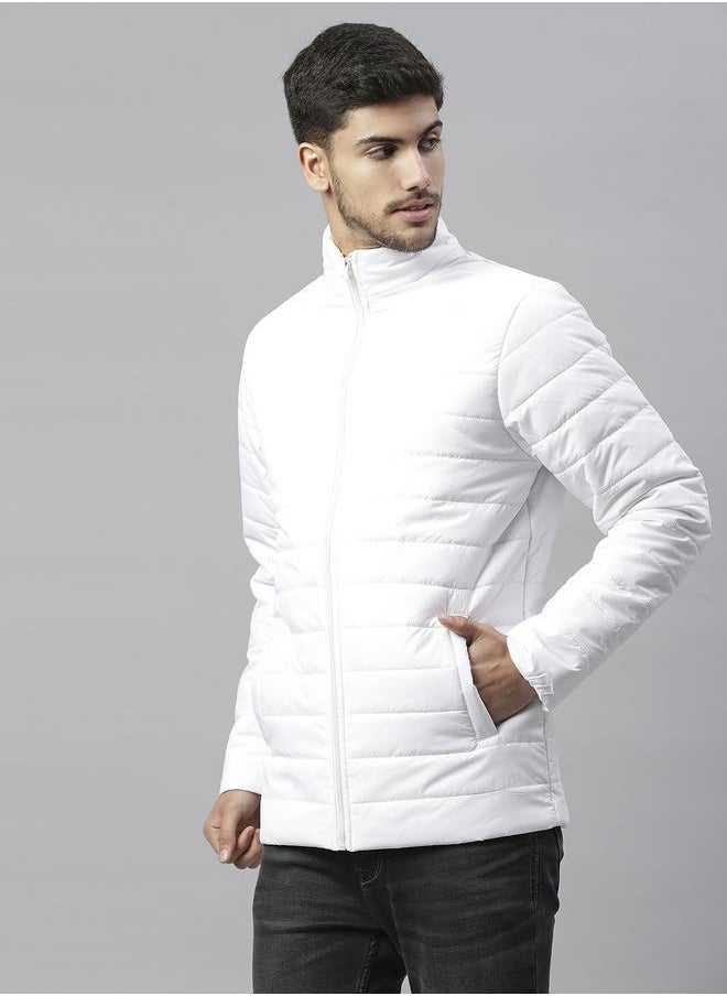 White Regular Fit Men's Solid Polyester Jacket with Spread Collar and Full Sleeves