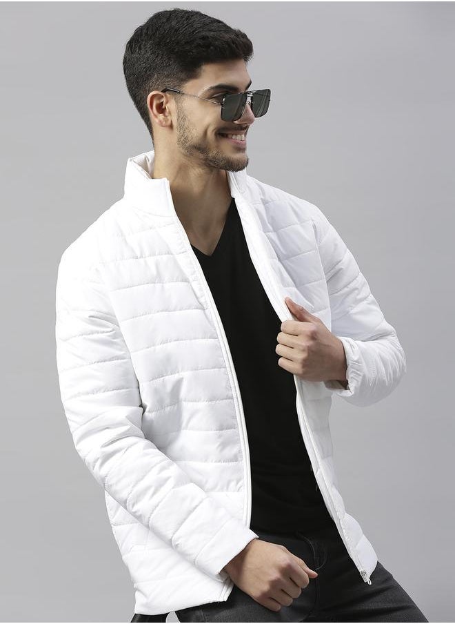 White Regular Fit Men's Solid Polyester Jacket with Spread Collar and Full Sleeves