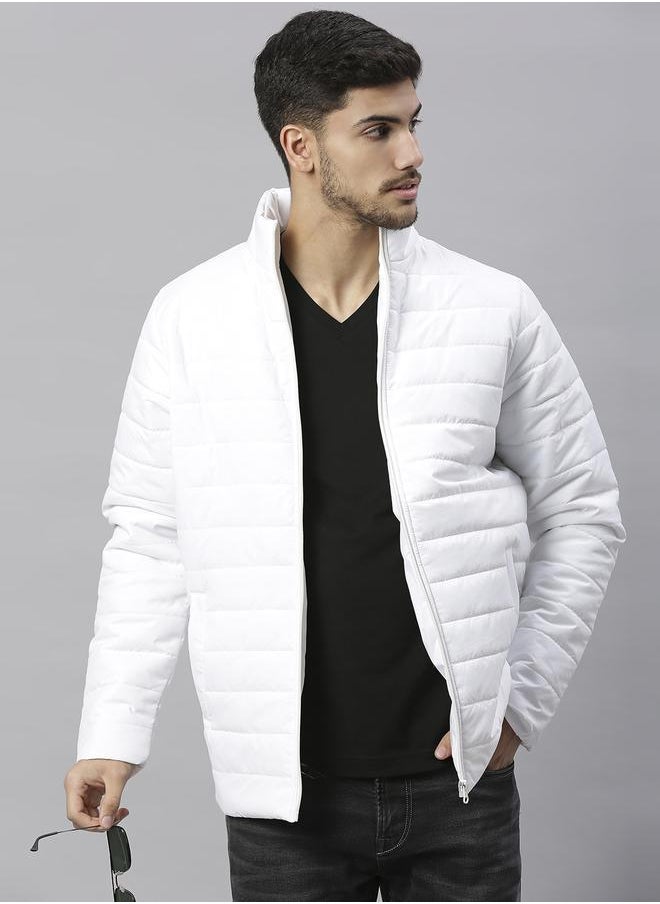 White Regular Fit Men's Solid Polyester Jacket with Spread Collar and Full Sleeves