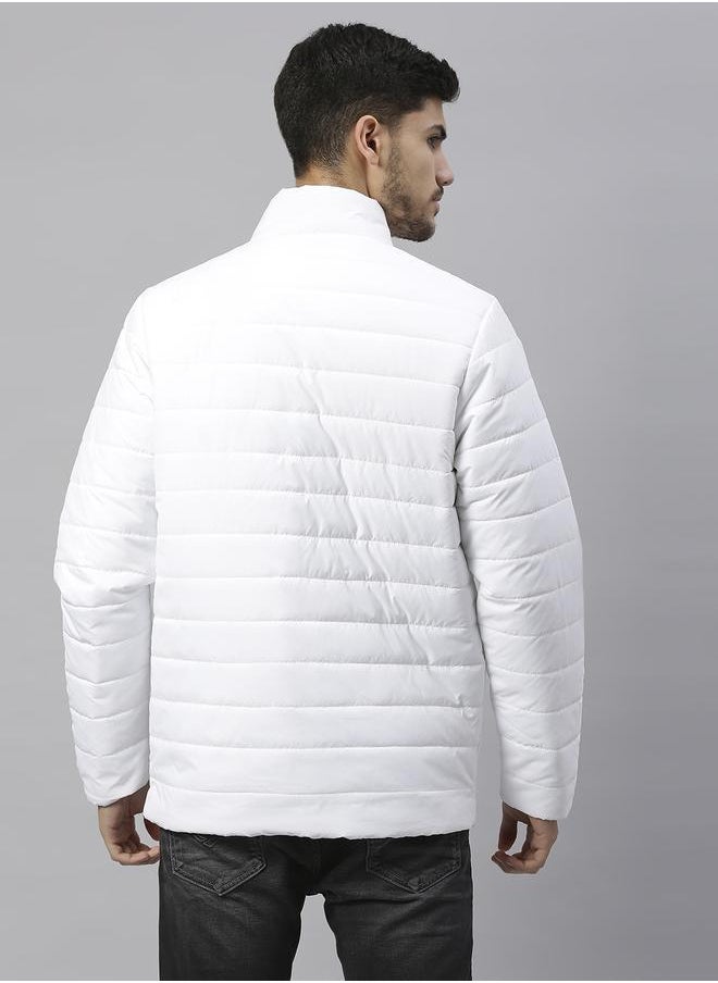 White Regular Fit Men's Solid Polyester Jacket with Spread Collar and Full Sleeves