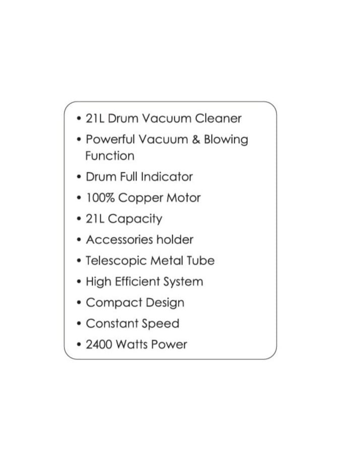 Drum Vacuum Cleaner with Powerful Suction 21L with High Efficiency Motor, Multi-Surface Cleaning, Lightweight & Portable Design for Home, Office, and Garage