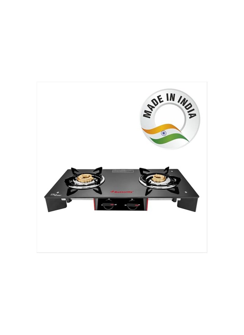 Butterfly Rapid Deluxe Frameless Glasstop Gas Stove, 2 Burners, Open, Black