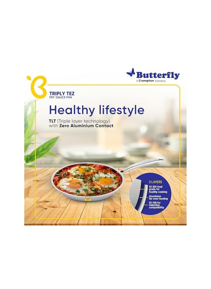 Butterfly Tez Triply Fry/Saute Pan with Glass Lid | 26 cm | 2 Litre | Even Heat Distribution & Faster Cooking | Stay Cool Handle | for Curry, Deep Fry, Saute/Roast | 10 Year Warranty | Silver