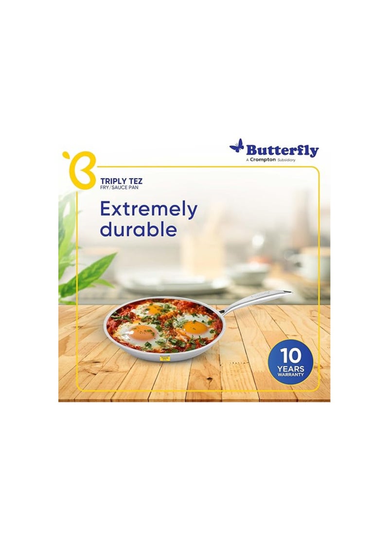 Butterfly Tez Triply Fry/Saute Pan with Glass Lid | 26 cm | 2 Litre | Even Heat Distribution & Faster Cooking | Stay Cool Handle | for Curry, Deep Fry, Saute/Roast | 10 Year Warranty | Silver