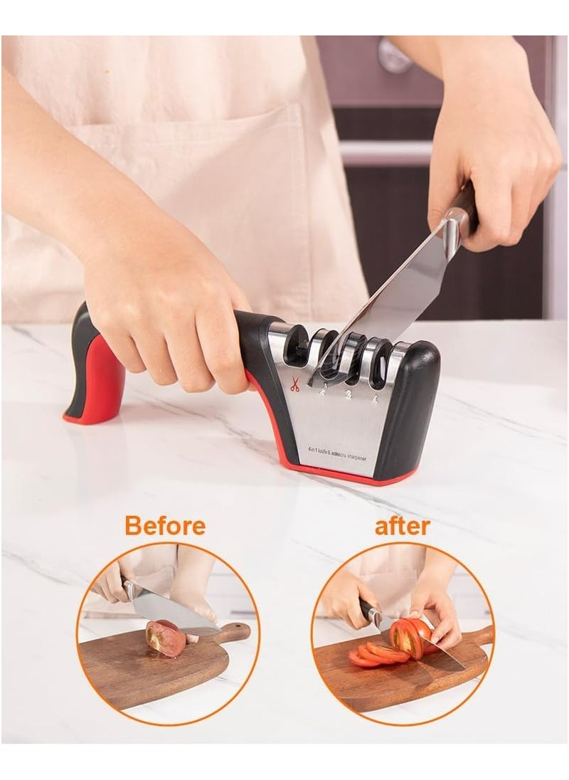 Knife and Scissor Sharpener - 4-in-1 Tool for Repairing and Polishing Blades (Red)