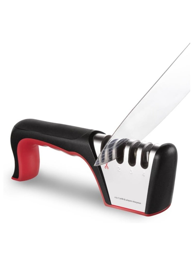 Knife and Scissor Sharpener - 4-in-1 Tool for Repairing and Polishing Blades (Red)