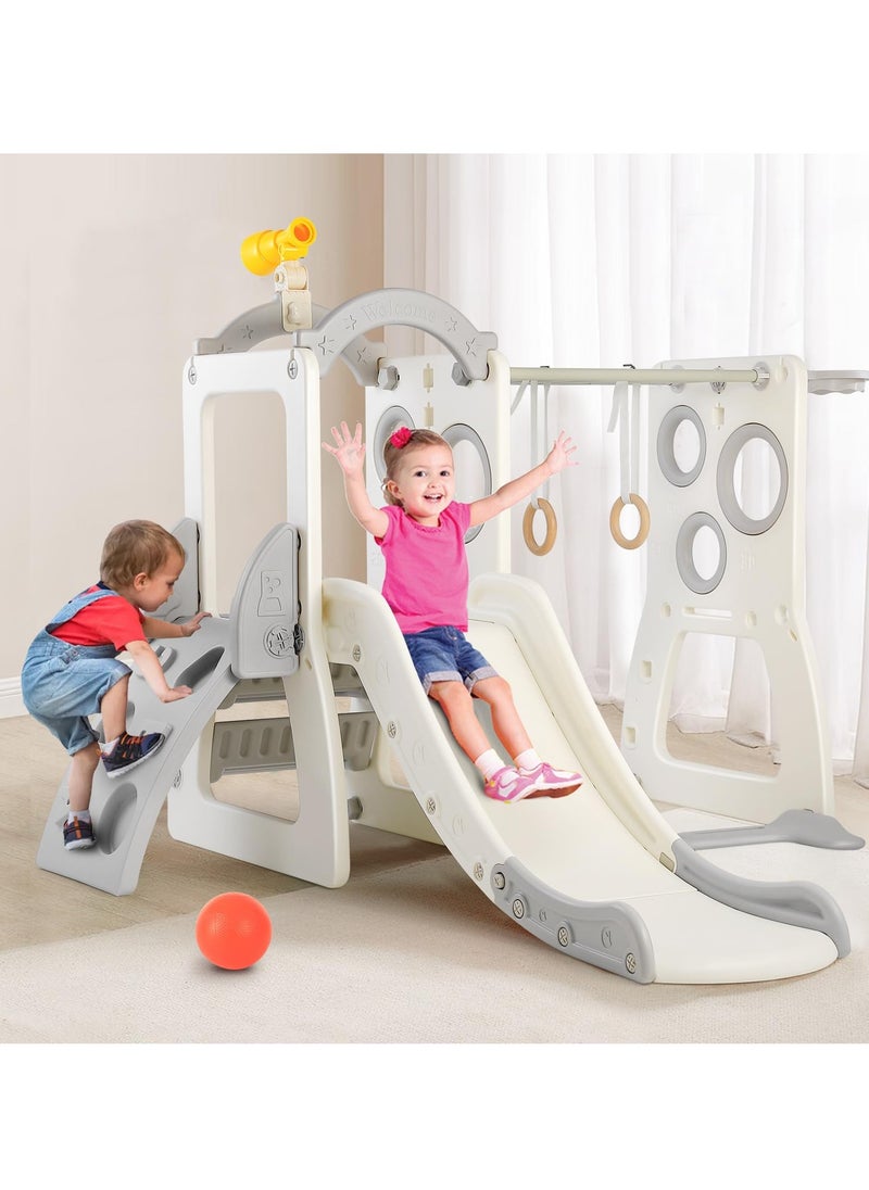 6 in 1 Toddler Slide, Freestanding Slide for Kids w/Basketball Hoop, Climbing Ladder, Horizontal bar, Hanging Rings and Telescope, Indoor Outdoor Backyard Playground Toy