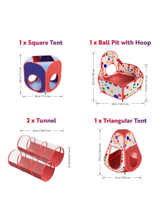 5-Piece Kids Play Tents Crawl Tunnels And Ball Pit Popup Bounce Playhouse Tent With Basketball Hoop For Indoor And Outdoor Use With Red Carrying Case