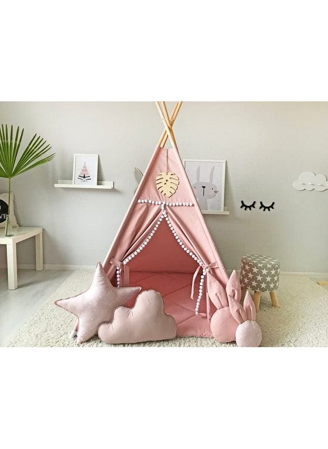 Kids Teepee Tent With White Pom Pom - Indoor Play Teepee For Children Boys Portable Play House (Pink)