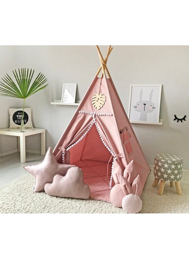 Kids Teepee Tent With White Pom Pom - Indoor Play Teepee For Children Boys Portable Play House (Pink)