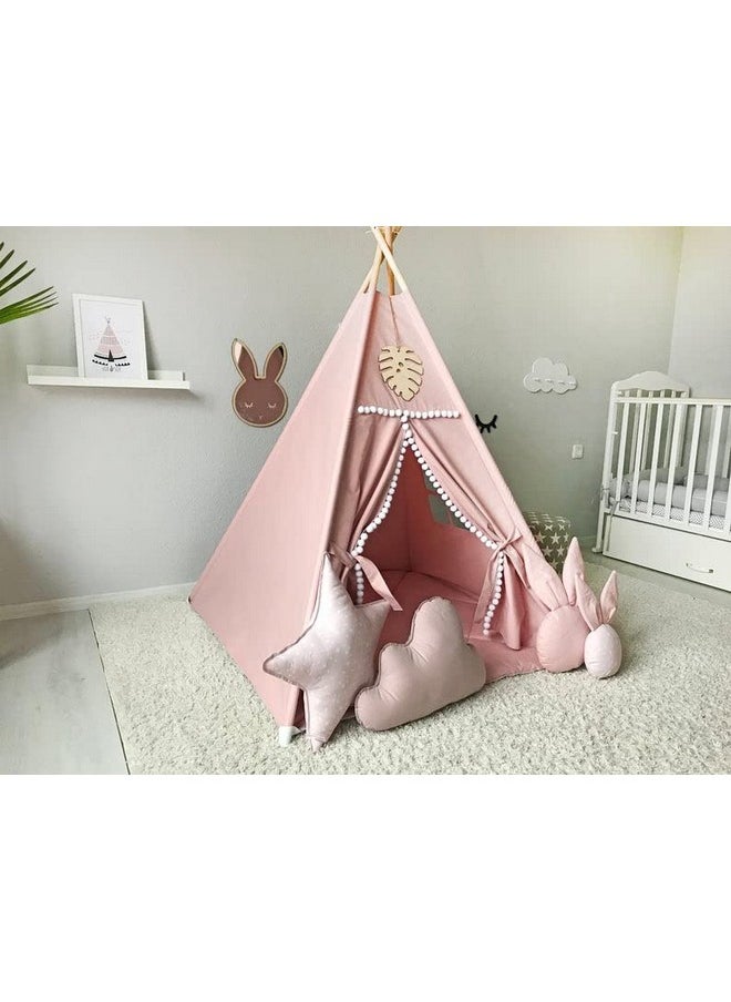 Kids Teepee Tent With White Pom Pom - Indoor Play Teepee For Children Boys Portable Play House (Pink)