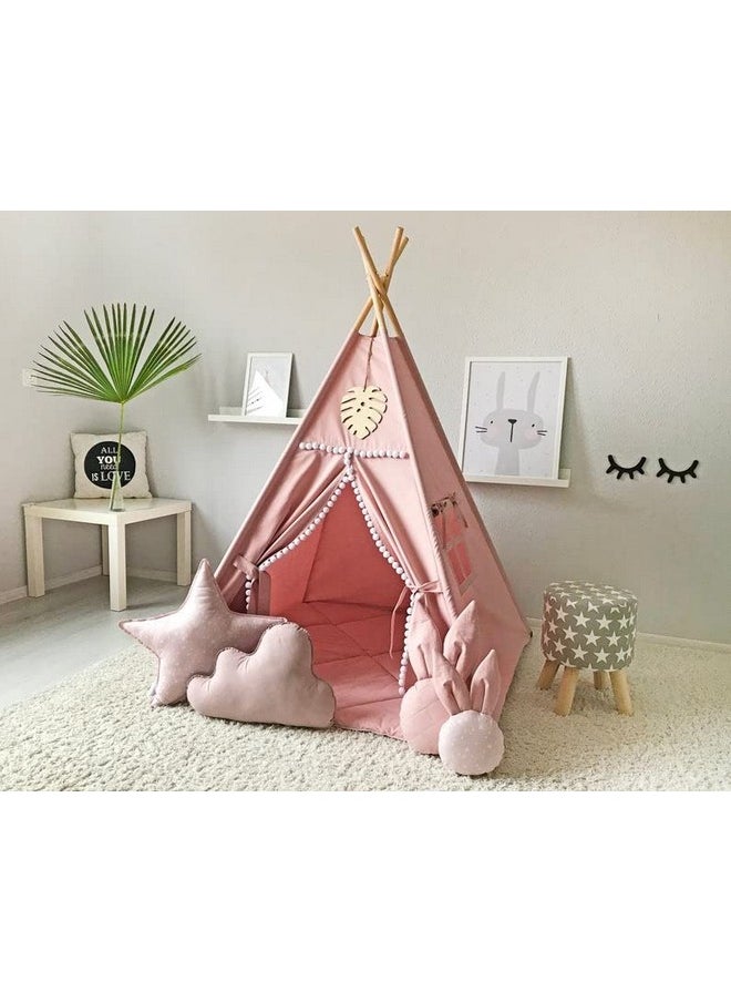 Kids Teepee Tent With White Pom Pom - Indoor Play Teepee For Children Boys Portable Play House (Pink)