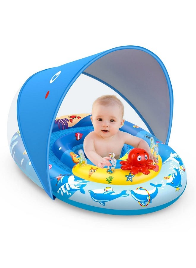 Baby Pool Float With Canopy Upf50+ Sun Protection, Inflatable Kids Pool Float With Ocean Animal Toys For Babies 6-36 Months, Infant Swimming Float With Adjustable Safety Seat For Boys Girls