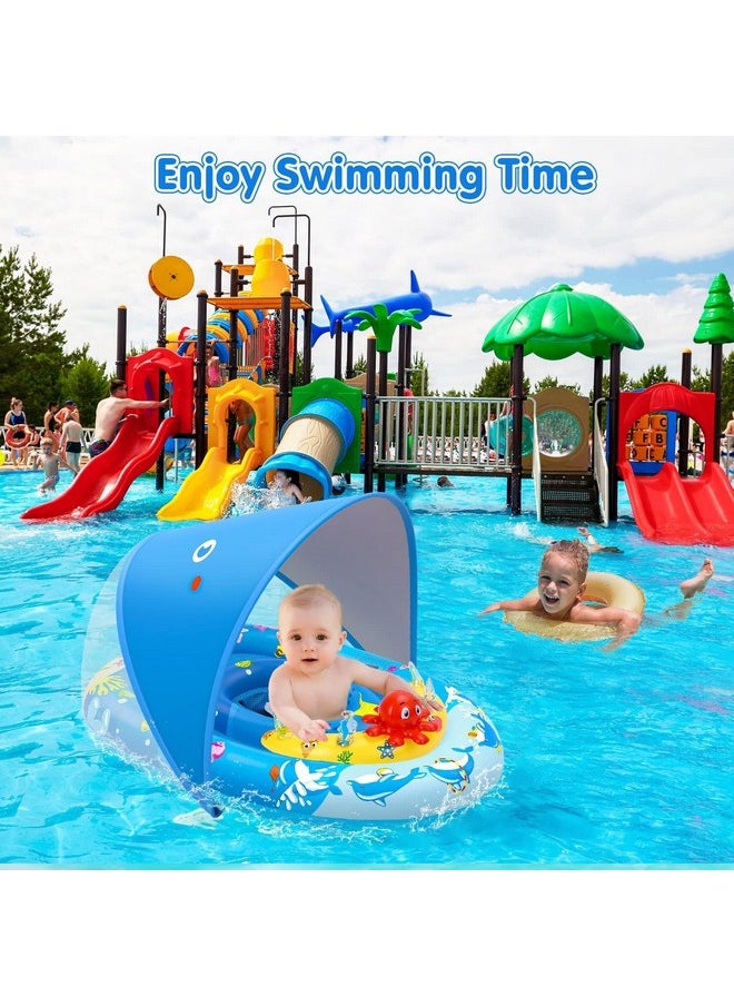 Baby Pool Float With Canopy Upf50+ Sun Protection, Inflatable Kids Pool Float With Ocean Animal Toys For Babies 6-36 Months, Infant Swimming Float With Adjustable Safety Seat For Boys Girls