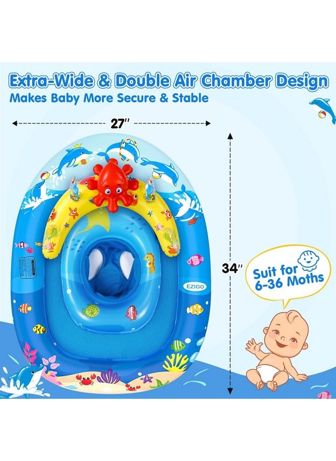 Baby Pool Float With Canopy Upf50+ Sun Protection, Inflatable Kids Pool Float With Ocean Animal Toys For Babies 6-36 Months, Infant Swimming Float With Adjustable Safety Seat For Boys Girls