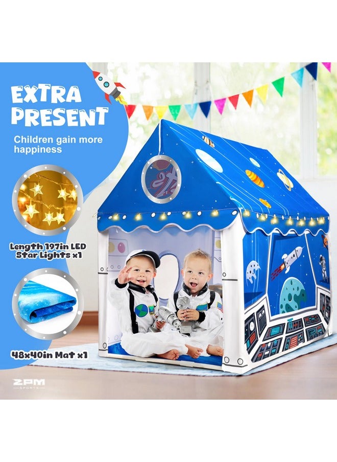 Kids Play Tent With Mat & Star Lights, Indoor Kids Tent For Toddler, Childrens Large Play House Tent Outdoor, Boys Space Tent Blue