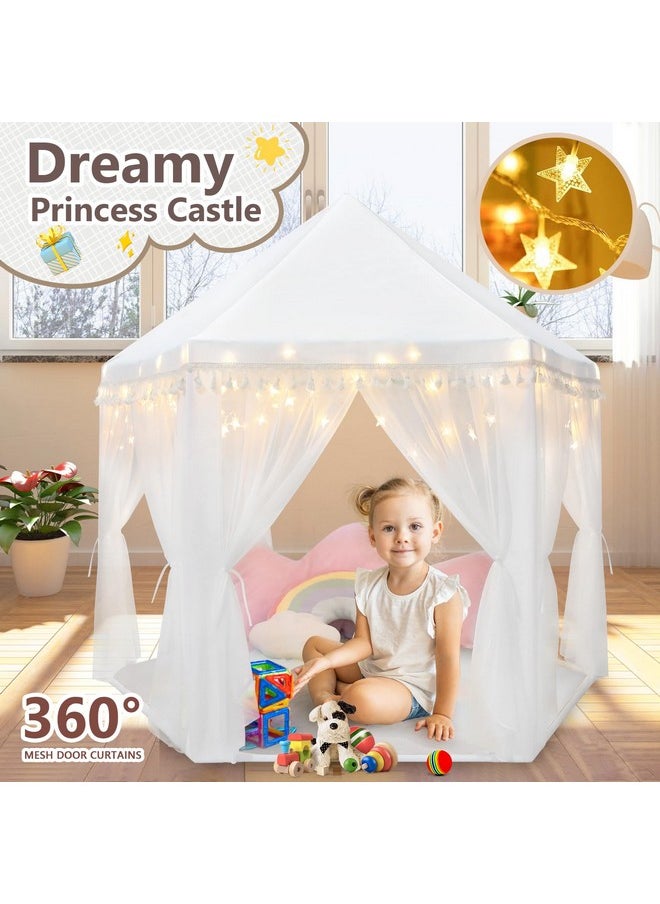 White Princess Tent Girls Tassel Decor Large Playhouse Kids Castle Play Tent With Star Lights Toy For Children Indoor And Outdoor Games, 55'' X 53'' (White Princess Tent With Tassel)