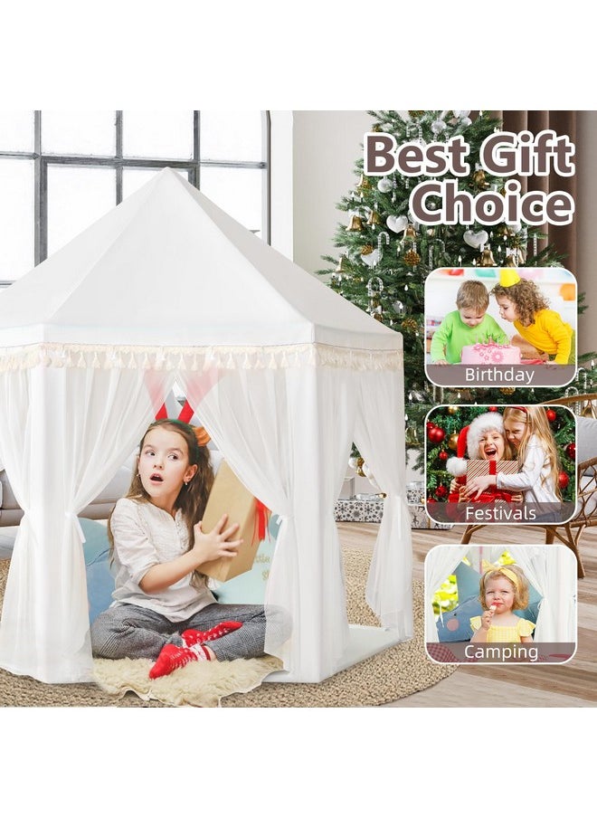 White Princess Tent Girls Tassel Decor Large Playhouse Kids Castle Play Tent With Star Lights Toy For Children Indoor And Outdoor Games, 55'' X 53'' (White Princess Tent With Tassel)