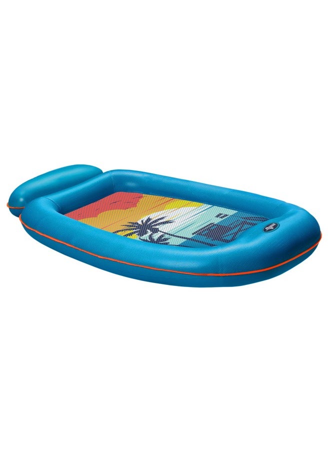 Aqua Comfort Pool Float Lounge - Inflatable Pool Floats For Adults With Headrest And Footrest - Blue/Orange Surfer Sunset