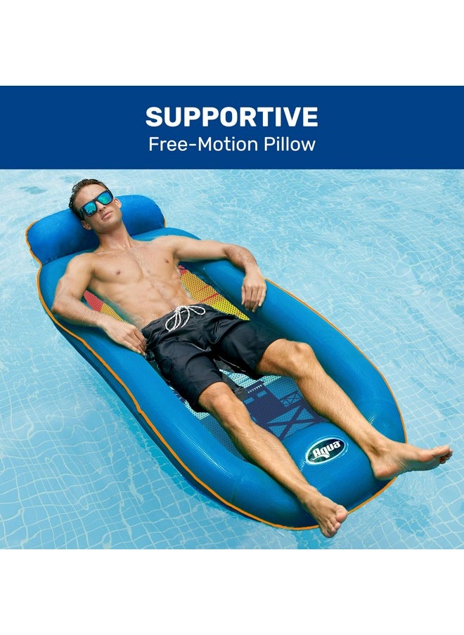 Aqua Comfort Pool Float Lounge - Inflatable Pool Floats For Adults With Headrest And Footrest - Blue/Orange Surfer Sunset