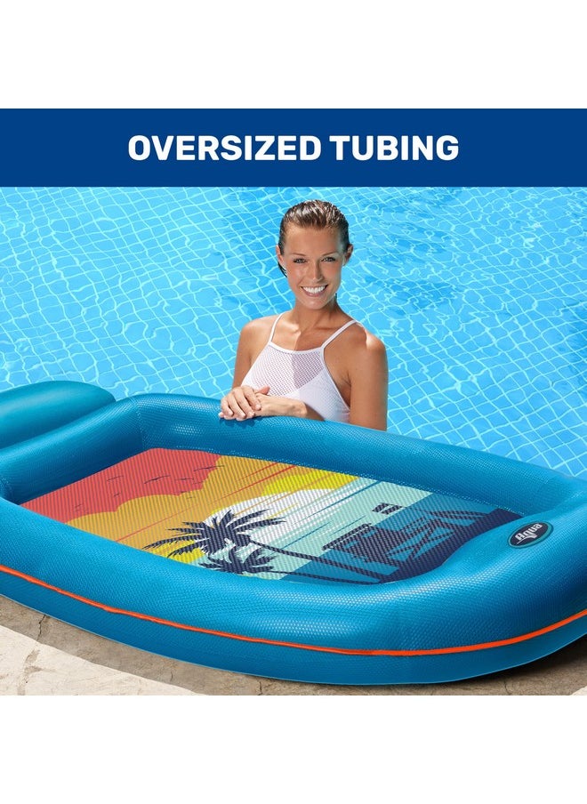Aqua Comfort Pool Float Lounge - Inflatable Pool Floats For Adults With Headrest And Footrest - Blue/Orange Surfer Sunset