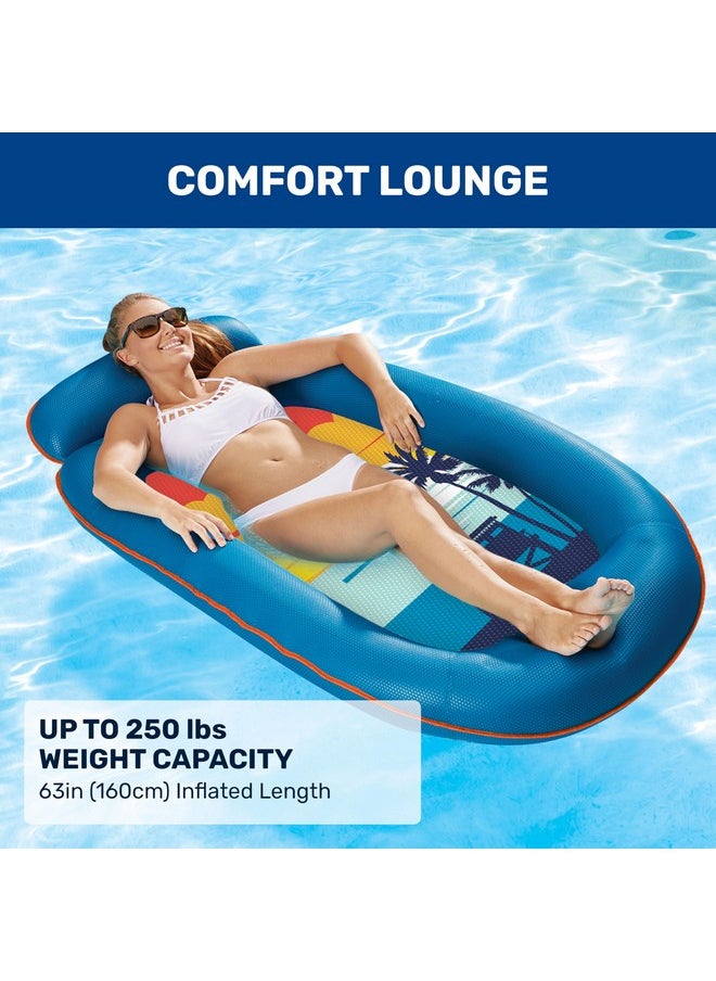 Aqua Comfort Pool Float Lounge - Inflatable Pool Floats For Adults With Headrest And Footrest - Blue/Orange Surfer Sunset