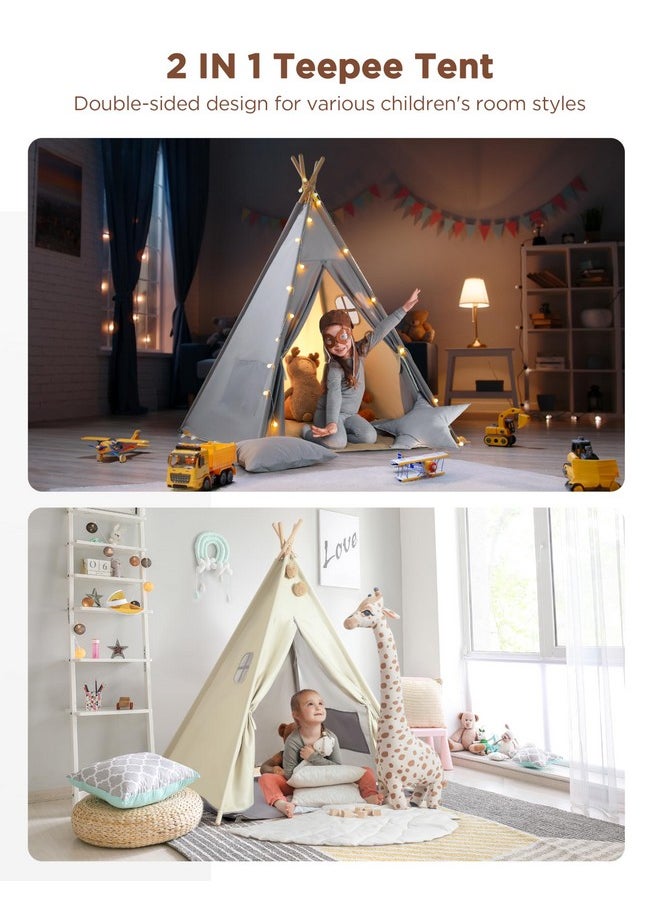 2 In 1 Teepee Tent For Kids With Mat, Kids Tents Indoor With Light, Large Kids Tipi Tent With 2 Sided Design, Christmas Play Tent For Toddler Boys Girls, Foldable Portable Toddler Reading Tent