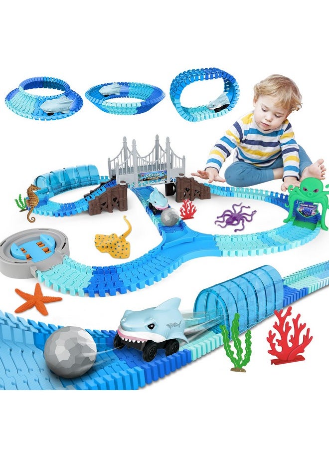 Race Track Toys 183 Pcs Shark Race Car Toys For Kids,Flexible Racetrack Cars With Shark & Ball,Ocean Theme Train Set Toys,Kids Stem Educational Playset Birthdays For Boys Girls 3+ Years Old