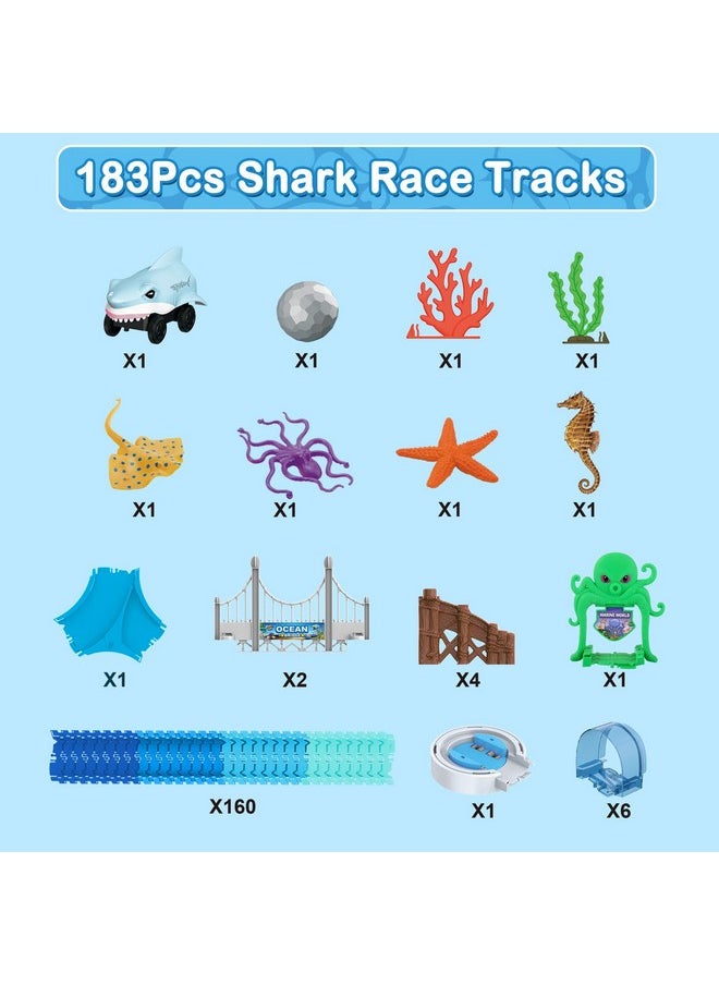 Race Track Toys 183 Pcs Shark Race Car Toys For Kids,Flexible Racetrack Cars With Shark & Ball,Ocean Theme Train Set Toys,Kids Stem Educational Playset Birthdays For Boys Girls 3+ Years Old