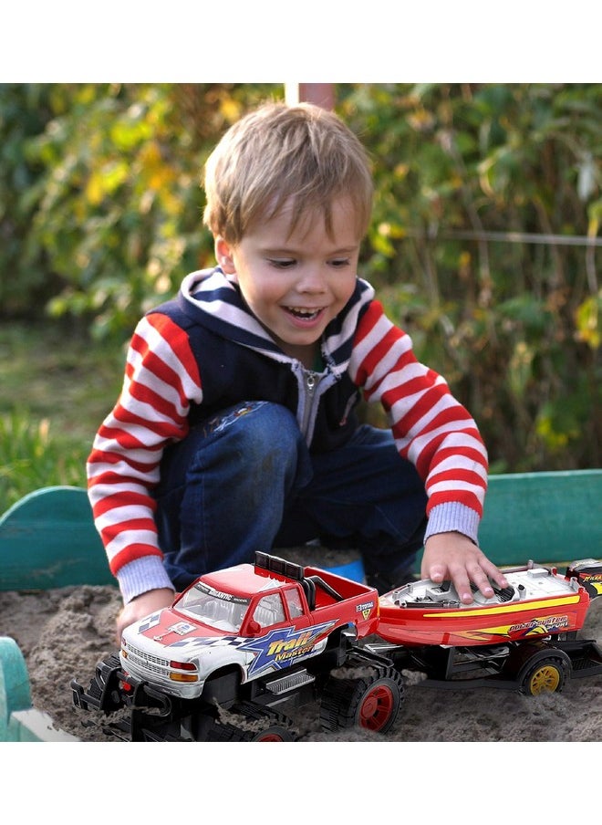 Monster Truck Toys Set With Trailer Toy Boat - Friction Powered Hauling Truck And Trailer Toy, Big Toy Monster Truck With Boat, Adventure Truck Pulling Boat Toy Monster Trucks For Kids - 9 Inch