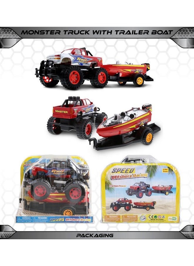Monster Truck Toys Set With Trailer Toy Boat - Friction Powered Hauling Truck And Trailer Toy, Big Toy Monster Truck With Boat, Adventure Truck Pulling Boat Toy Monster Trucks For Kids - 9 Inch