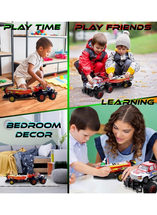 Monster Truck Toys Set With Trailer Toy Boat - Friction Powered Hauling Truck And Trailer Toy, Big Toy Monster Truck With Boat, Adventure Truck Pulling Boat Toy Monster Trucks For Kids - 9 Inch