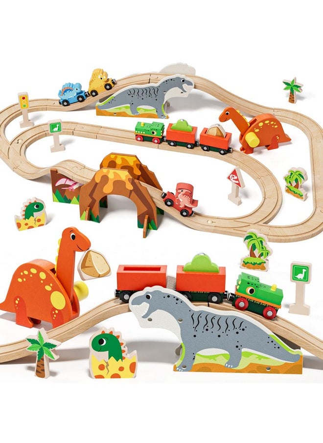 Wooden Train Set, Dinosaur Wooden Train Track Set, Wood Toy Train Set For Toddlers 2-4, Train Toys For Toddlers 3-5, Fits Thomas, Fits Brio, Fits Melissa And Doug