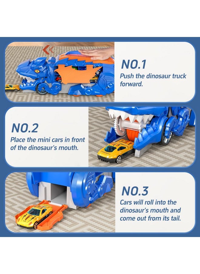 Transformed Dinosaur Boy Truck Toy With 10 Diecast Racing Cars, Dino Transport Car With Wings And Handle For Kids, Birthday Gift For 3 4 5 6 7 Year Old Boys Girls