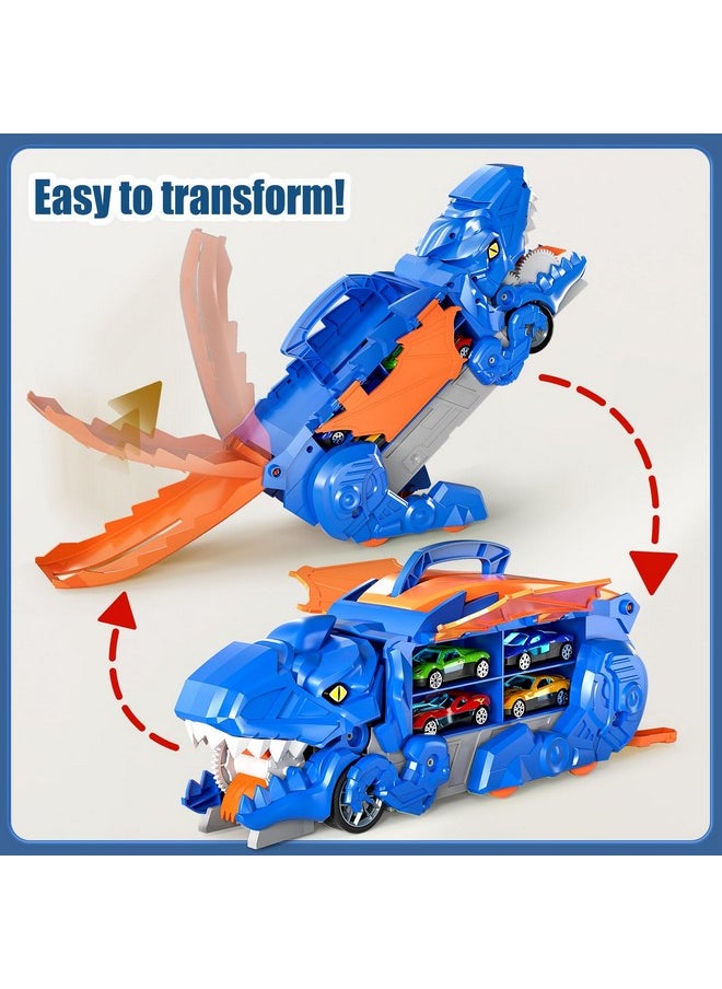 Transformed Dinosaur Boy Truck Toy With 10 Diecast Racing Cars, Dino Transport Car With Wings And Handle For Kids, Birthday Gift For 3 4 5 6 7 Year Old Boys Girls