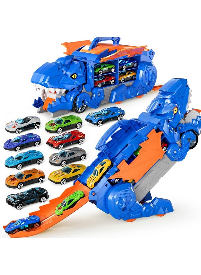 Transformed Dinosaur Boy Truck Toy With 10 Diecast Racing Cars, Dino Transport Car With Wings And Handle For Kids, Birthday Gift For 3 4 5 6 7 Year Old Boys Girls