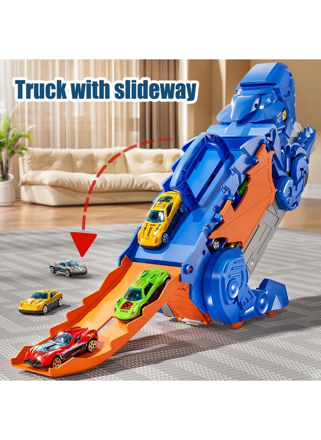 Transformed Dinosaur Boy Truck Toy With 10 Diecast Racing Cars, Dino Transport Car With Wings And Handle For Kids, Birthday Gift For 3 4 5 6 7 Year Old Boys Girls