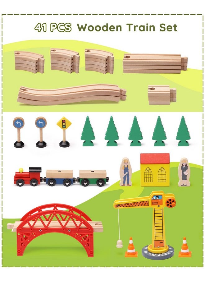 Wooden Train Set For Toddler, 41Pcs Wood Train Track W/Crane Fits Brio, Thomas, Melissa And Doug, Kids Wood Toy Train For Kids Ages 3+