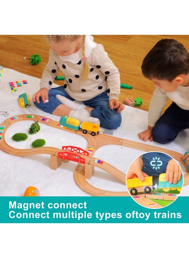 Wooden Train Set, 25 Pcs Wooden Tracks, 22 Functions Lights/Music, 3 Game Modes, Preschool Educational Toys Gifts For Kids Age 3-7, Fit Thomas The Train, Brio, Melissa & Doug