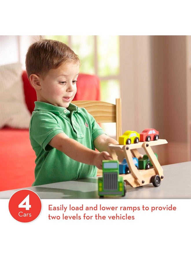 Car Carrier Truck And Cars Wooden Toy Set With 1 Truck And 4 Cars Vehicle Toys Push And Go Wooden Trucks For Toddlers And Kids Ages 3+