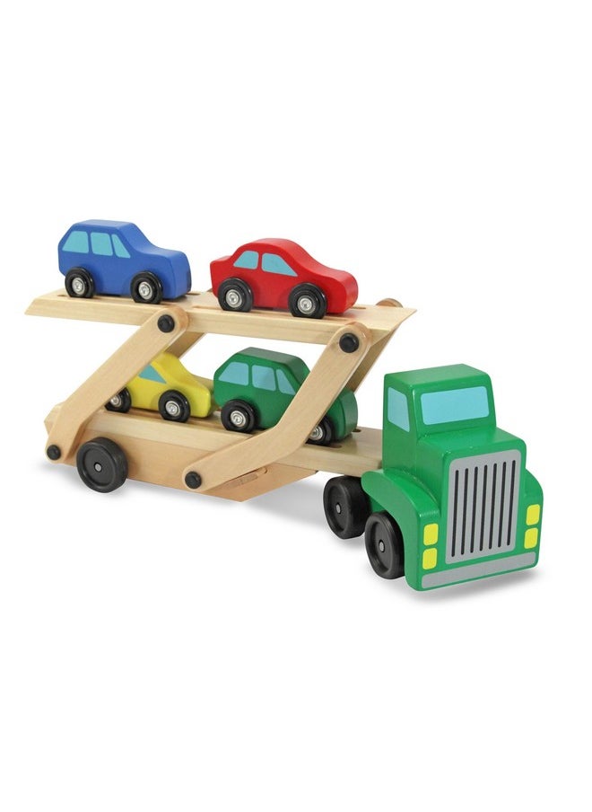 Car Carrier Truck And Cars Wooden Toy Set With 1 Truck And 4 Cars Vehicle Toys Push And Go Wooden Trucks For Toddlers And Kids Ages 3+