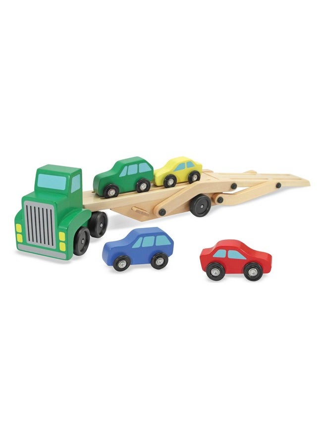 Car Carrier Truck And Cars Wooden Toy Set With 1 Truck And 4 Cars Vehicle Toys Push And Go Wooden Trucks For Toddlers And Kids Ages 3+