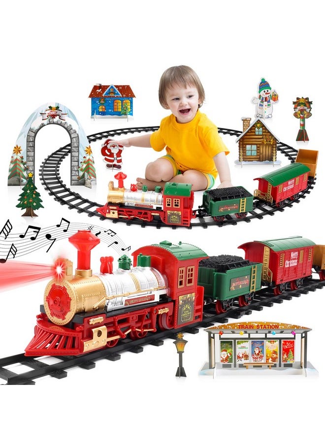 Train Set For Christmas Tree,Classical Christmas Train Set With Headlight, Realistic Sounds, 4 Cars Carriage And Tracks, Best Gift For Christmas Décor Under The Christmas Tree