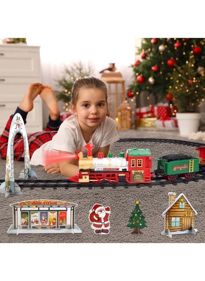 Train Set For Christmas Tree,Classical Christmas Train Set With Headlight, Realistic Sounds, 4 Cars Carriage And Tracks, Best Gift For Christmas Décor Under The Christmas Tree