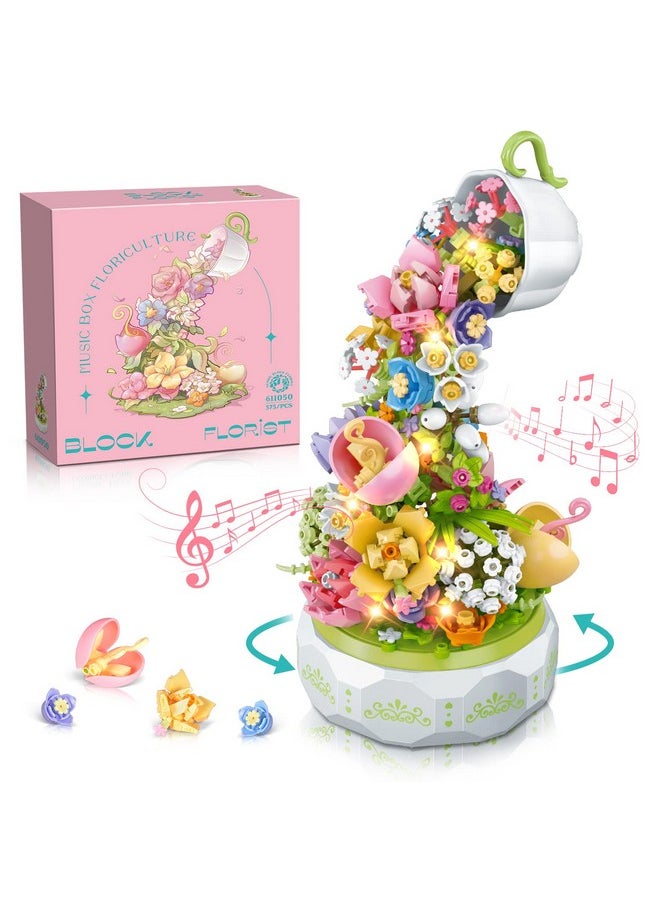 Flowers Music Box Building Set With Light Creative Bouquet Botanical Rotating Music Box Building Blocks Kits ; Diy Artificial Flower Plant Decor Gift For Adults Kids Girls Ages 6+ (575 Pcs)